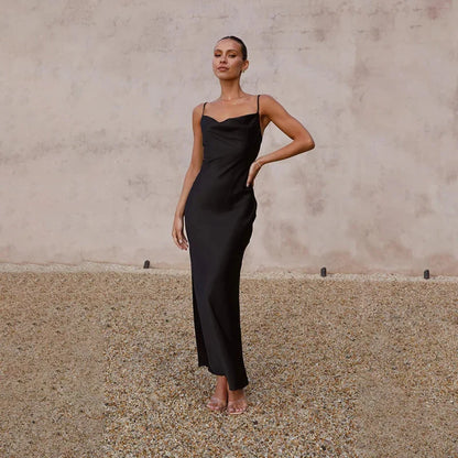 Wedding Guest Dress – Black Cowl Neck Satin Maxi