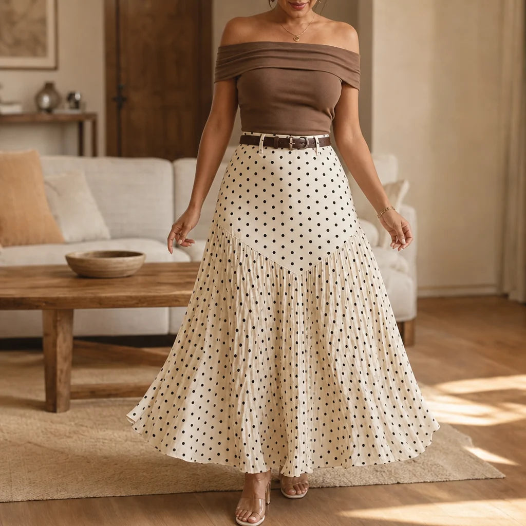 Polka Dot Pleated Midi Skirt