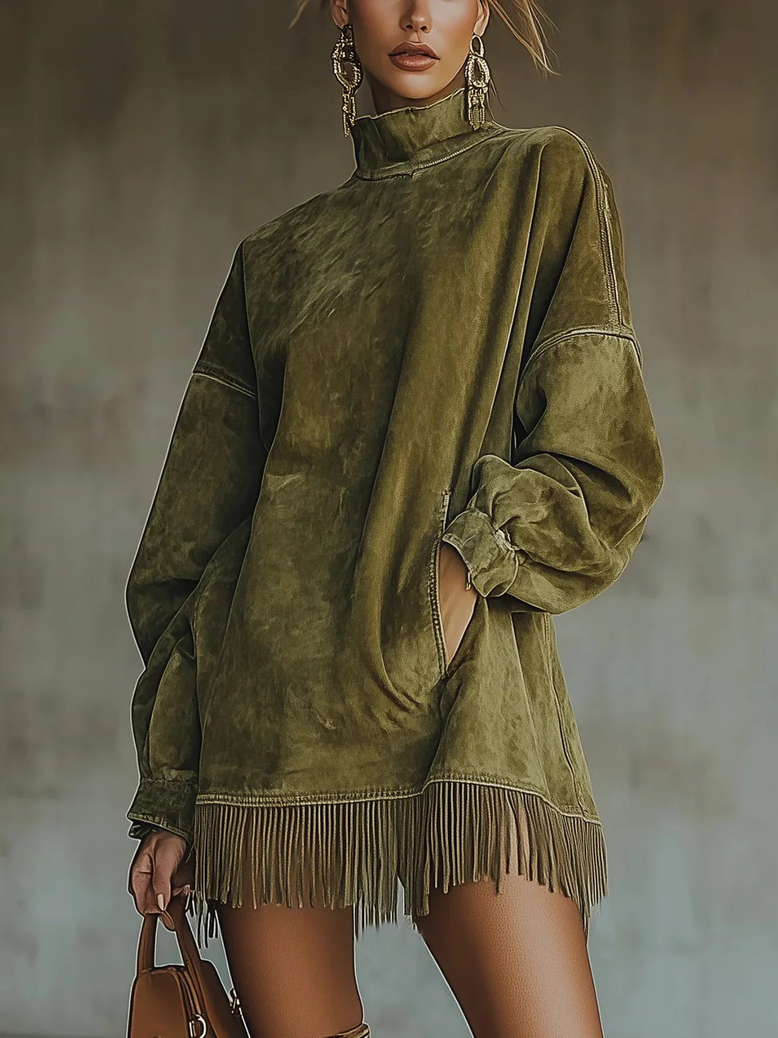 Sweater Dress – Green Fringe Hem Mock Neck