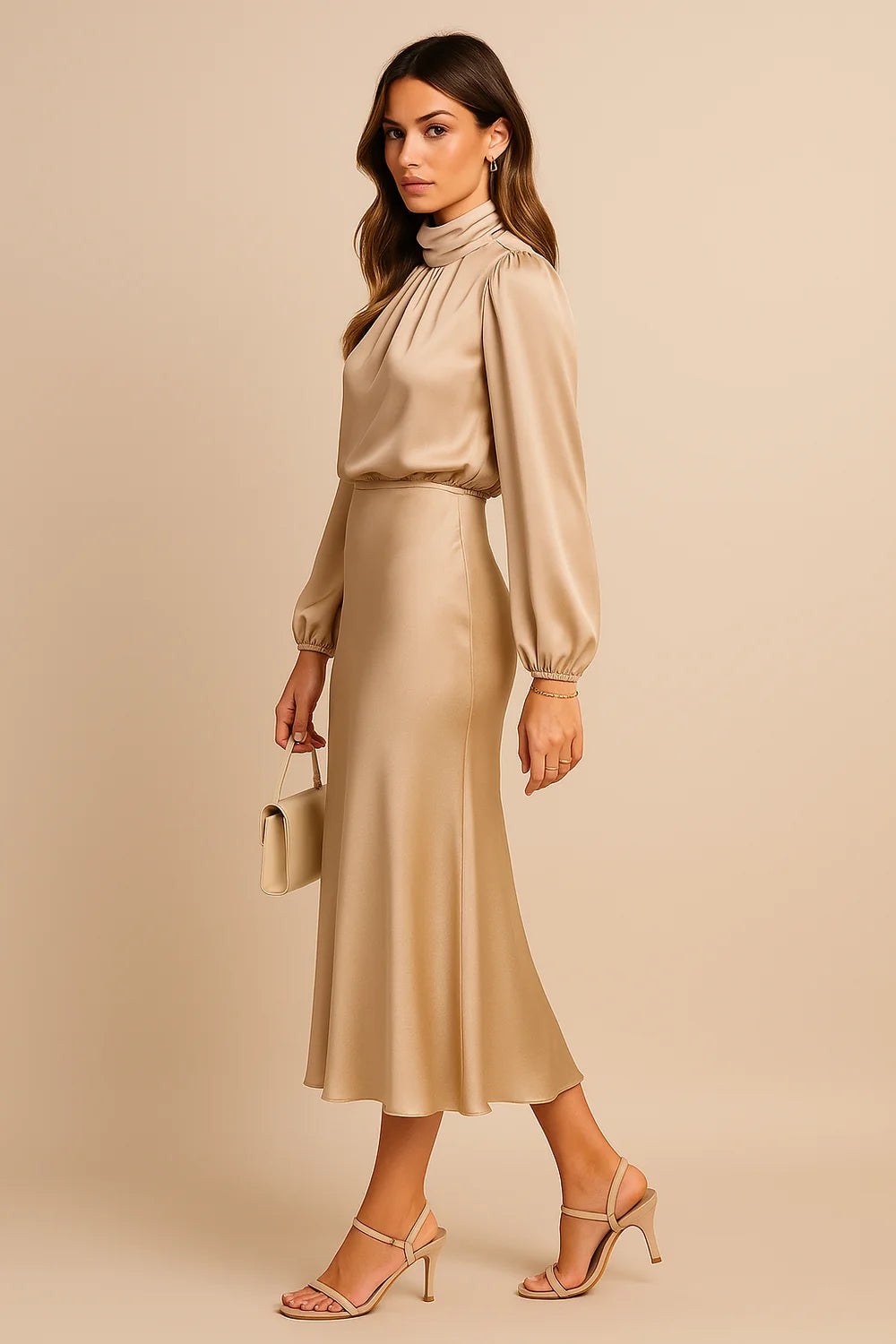 Wedding Guest Dress – Black Roll Neck Satin Midi