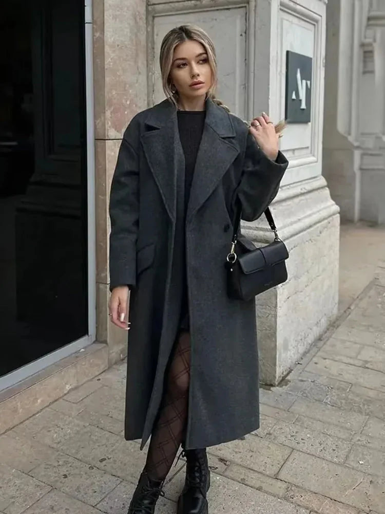 Wool Coat – Beige Double-Breasted Long Wool-Blend