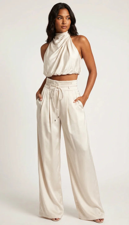 Aurora | Satin Pant Set Halter Top Wide Leg
