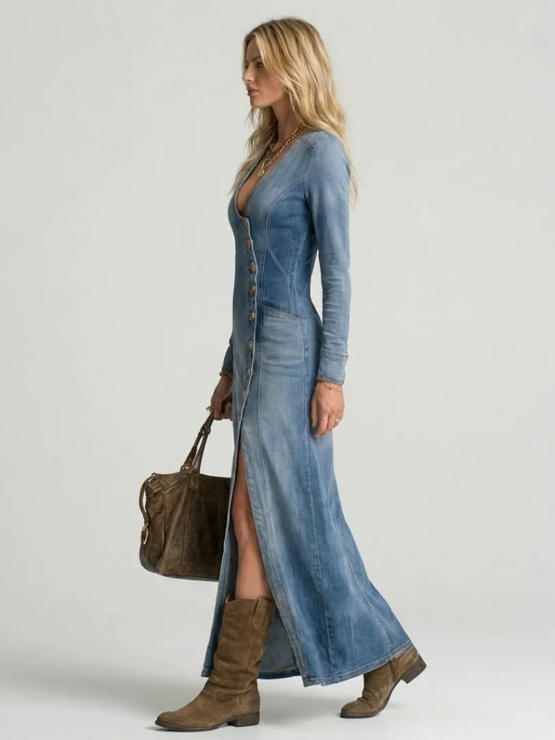 Delphine | Denim Maxi Dress Button Front