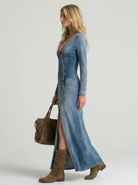 Delphine | Denim Maxi Dress Button Front