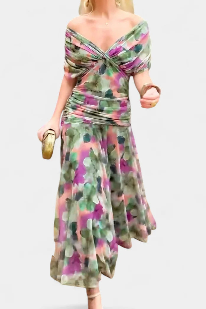 Off Shoulder Midi Dress Draped Wrap Bodice