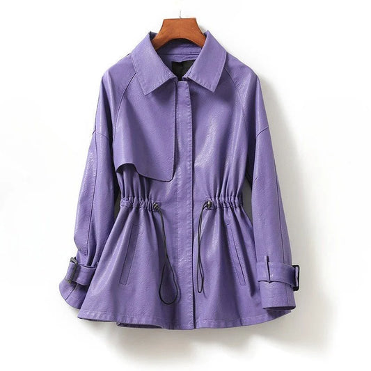 Women's Faux Leather Jacket with Drawstring Waist