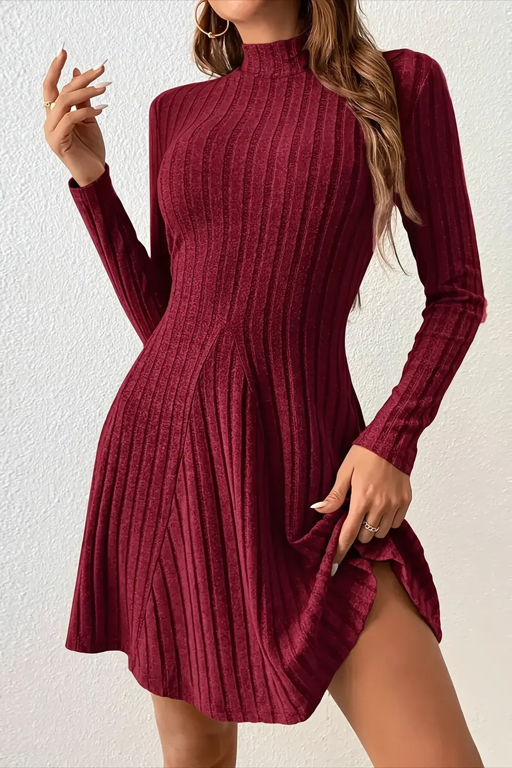 Ribbed Knit Mock Neck A-Line Sweater Dress