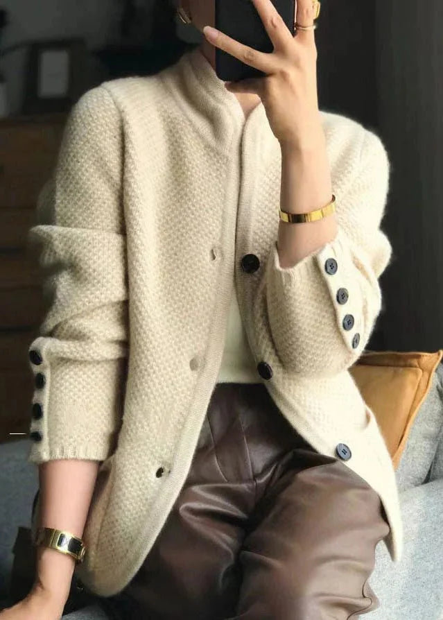 Stand Collar Cardigan Ribbed Knit Button Front