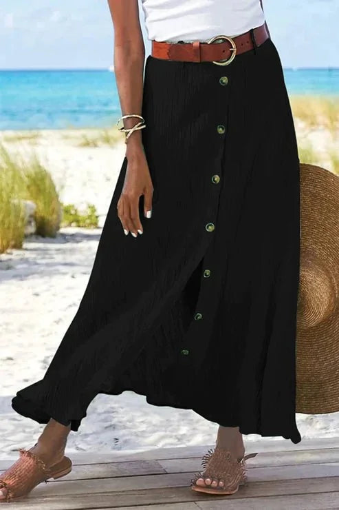High-Waist Button-Front Crinkle Linen-Look Maxi Skirt