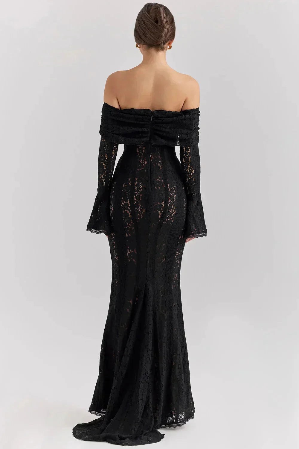 Lace Maxi Dress – Black Off-Shoulder Bell Sleeve