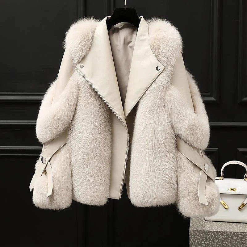 Women's Faux Leather Jacket with Fur Collar