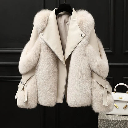 Women's Faux Leather Jacket with Fur Collar