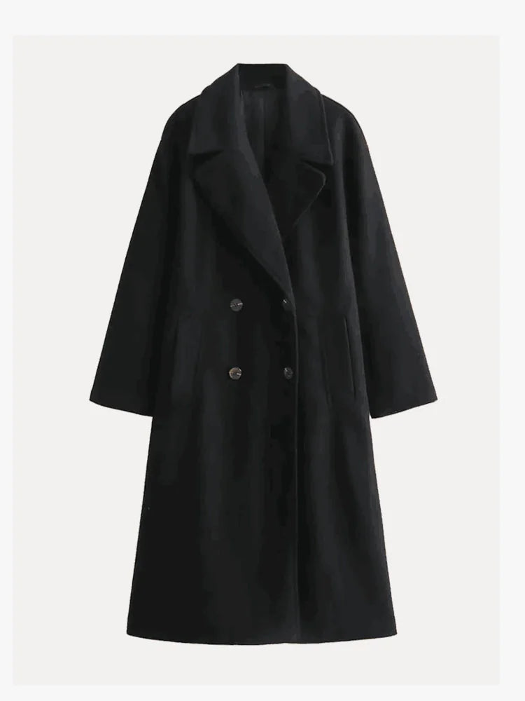 Wool Coat – Beige Double-Breasted Long Wool-Blend
