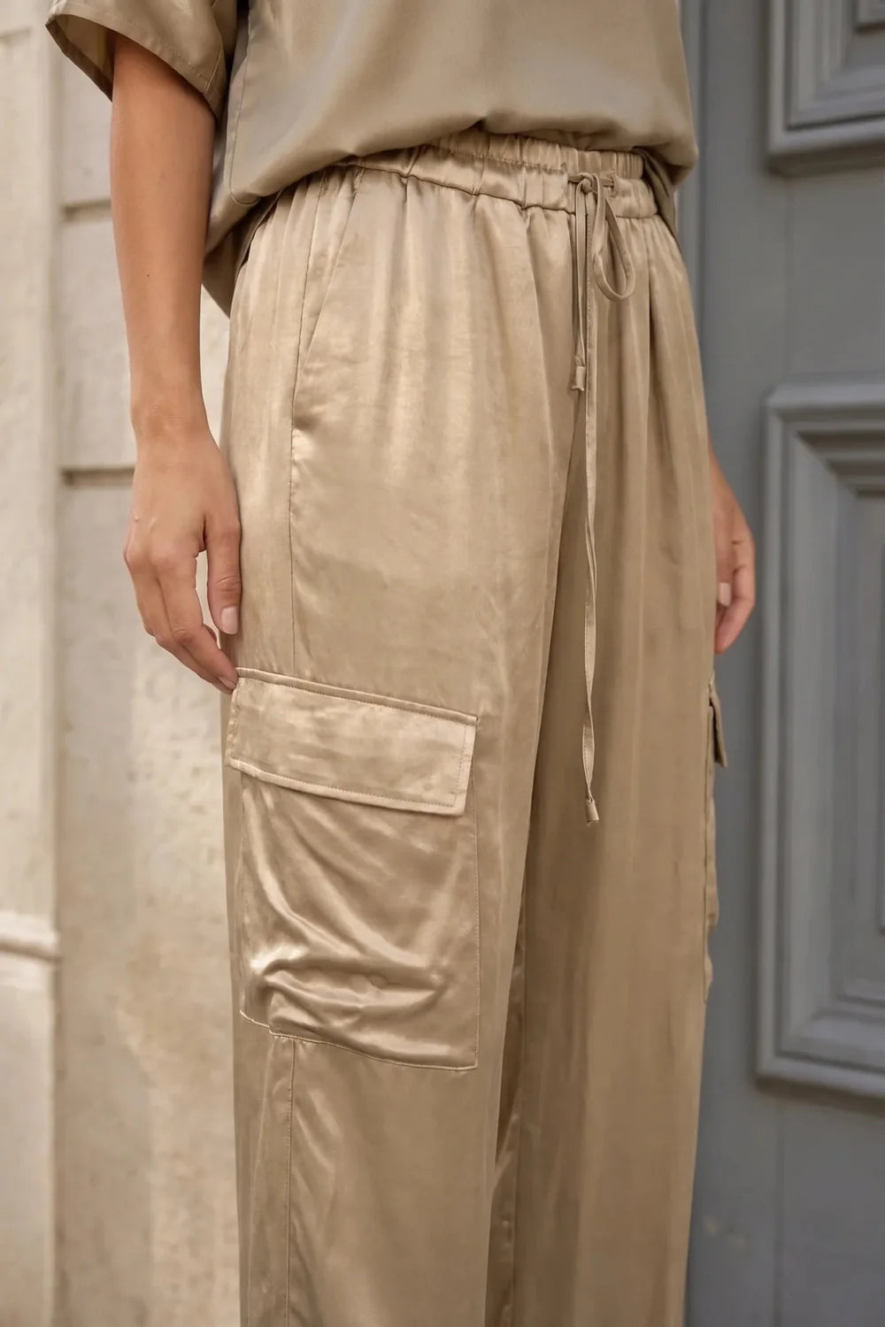 Satin Cargo Pants Set Two Piece