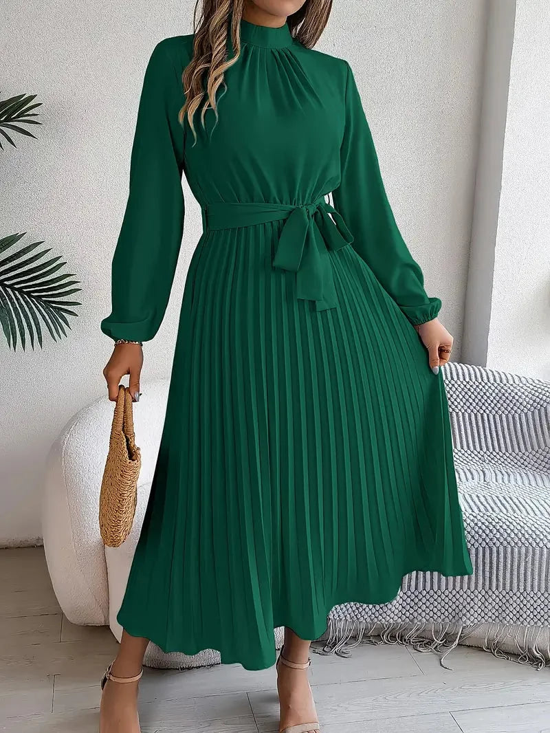 Long Sleeve Pleated Belted Dress