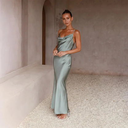 Wedding Guest Dress – Black Cowl Neck Satin Maxi