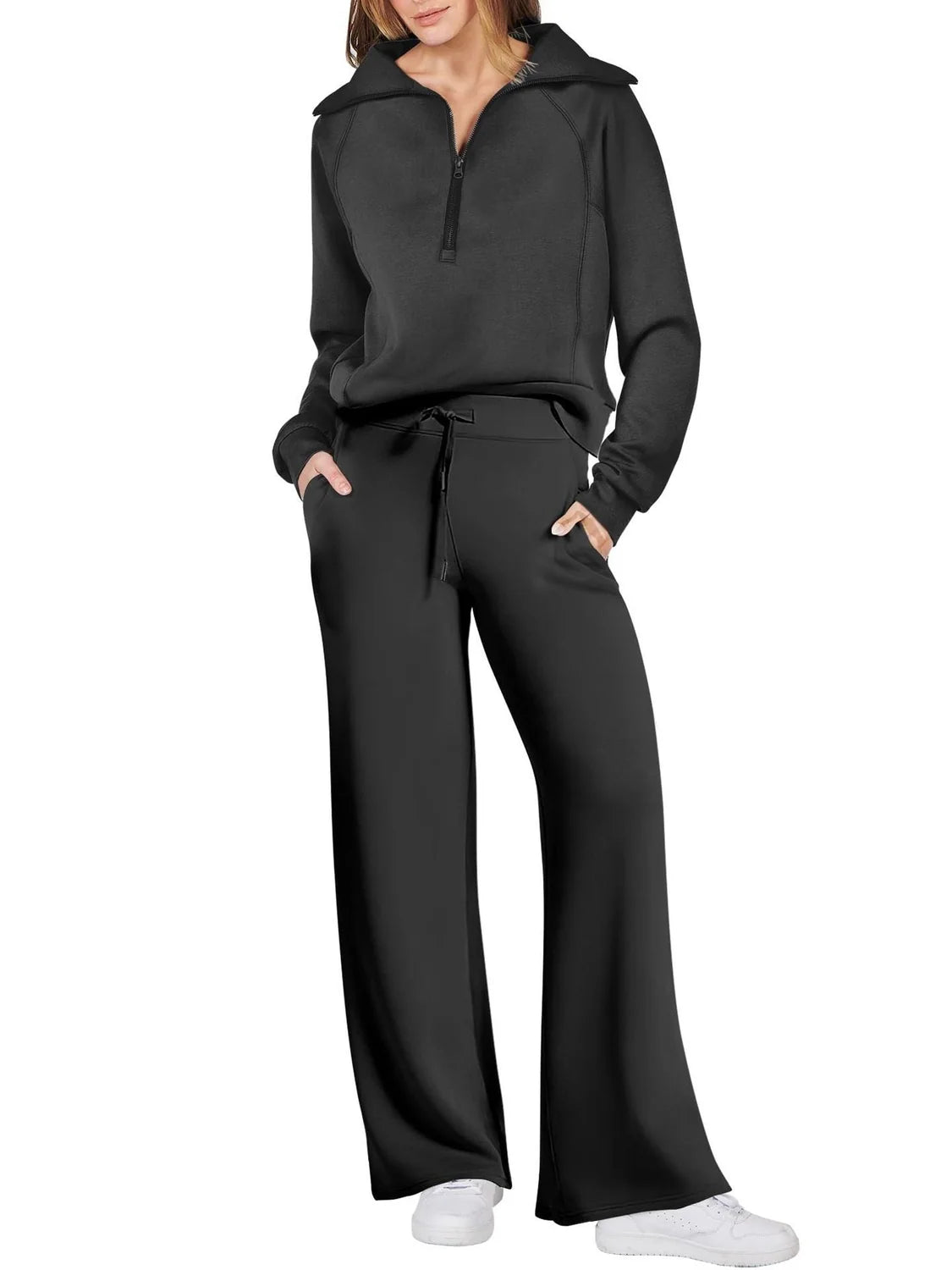 Two-Piece Lounge Set with Half-Zip Hoodie and Wide-Leg Sweatpants