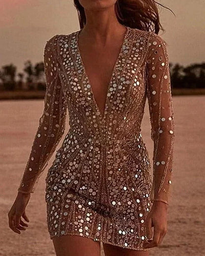 Sequin Party Dress with V-Neck and Sheer Sleeves