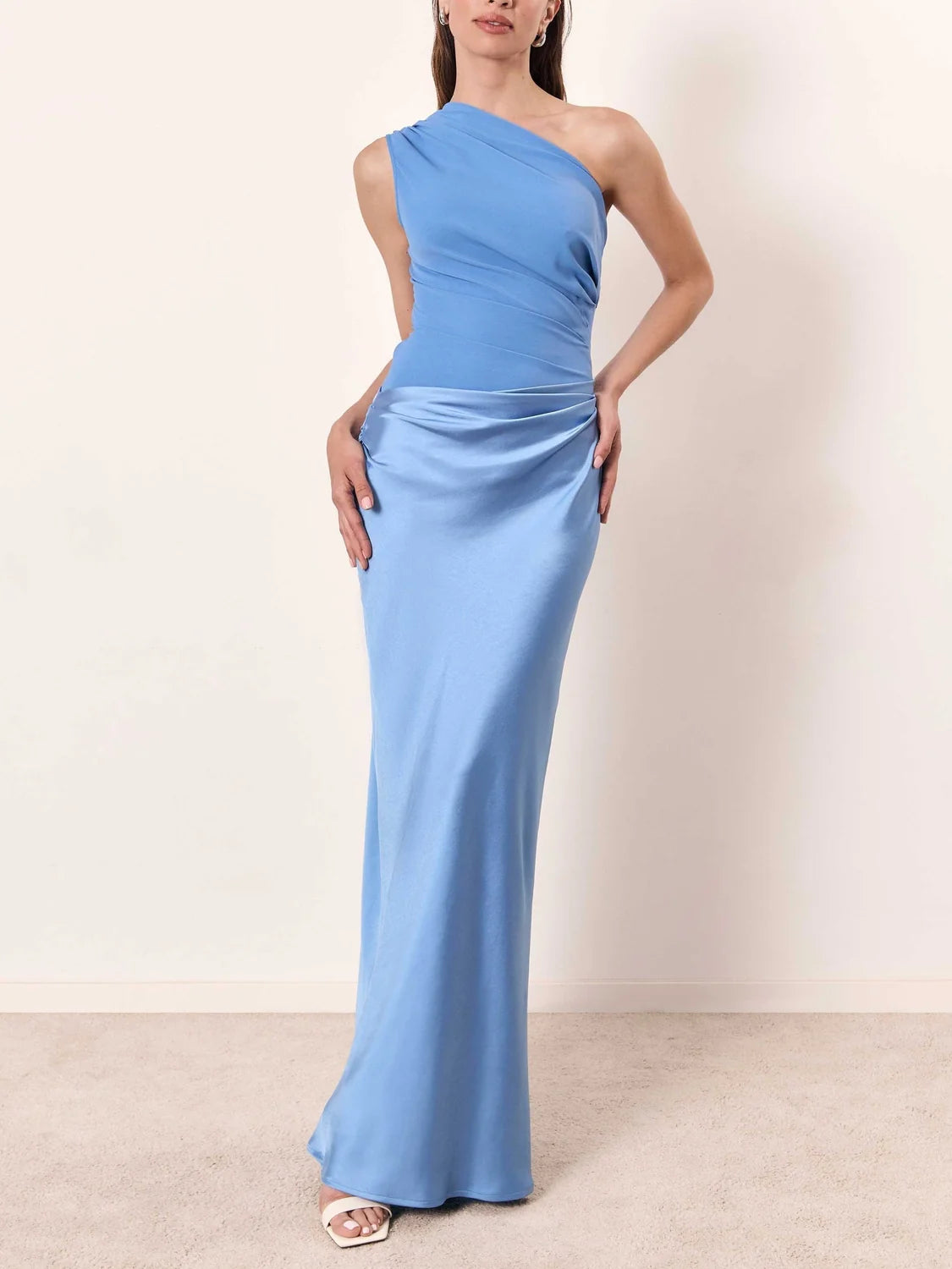 Wedding Guest Dress – Brown One-Shoulder Ruched Maxi