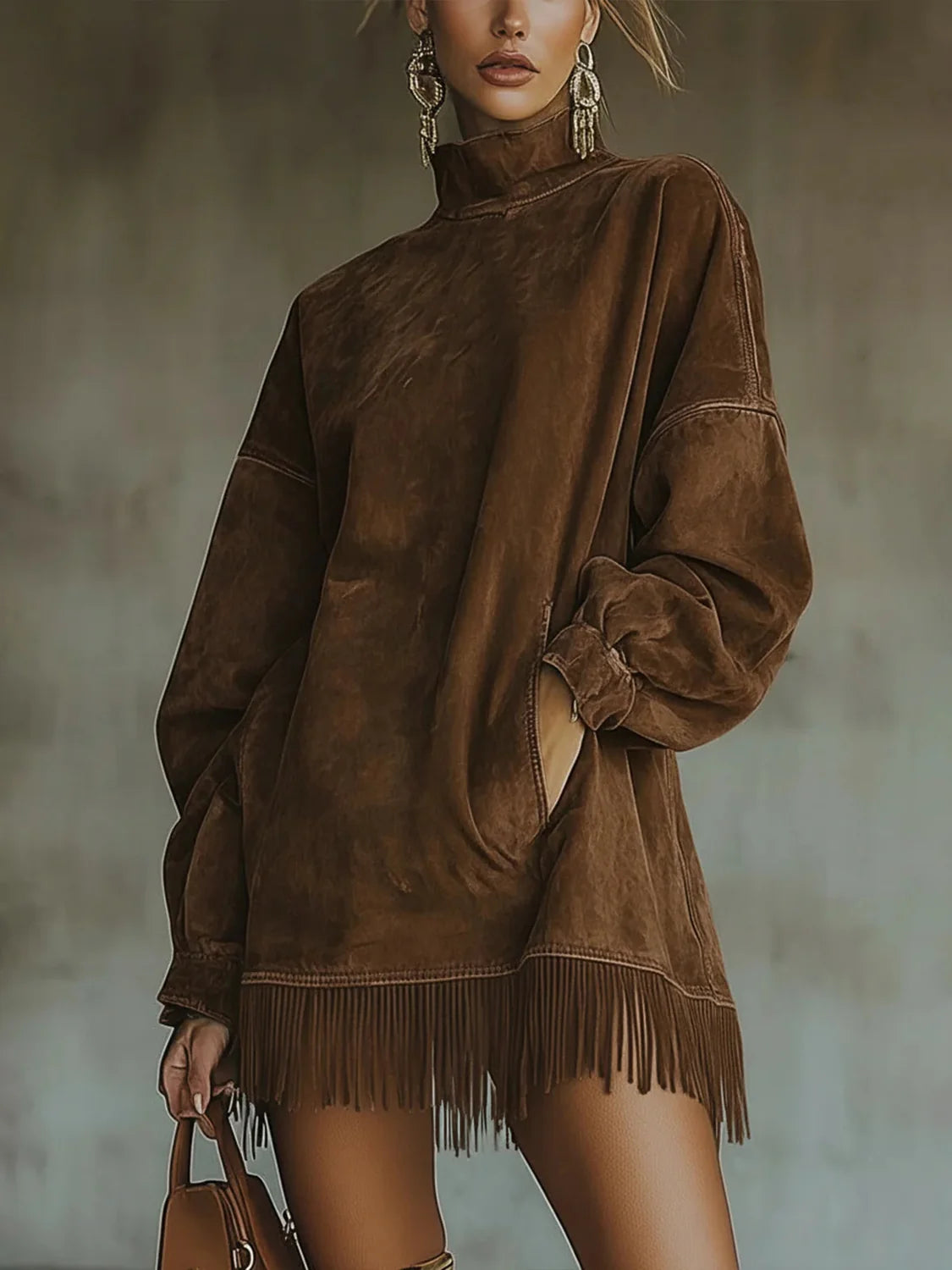 Sweater Dress – Green Fringe Hem Mock Neck