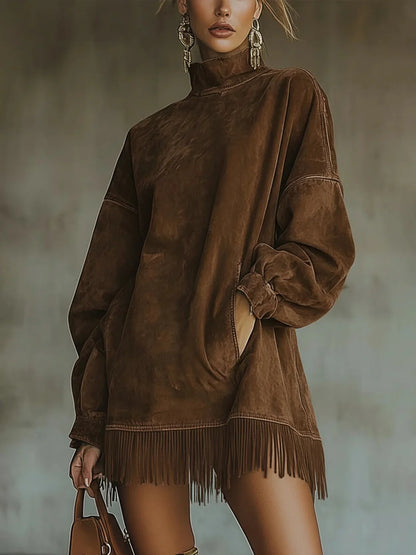 Sweater Dress – Green Fringe Hem Mock Neck