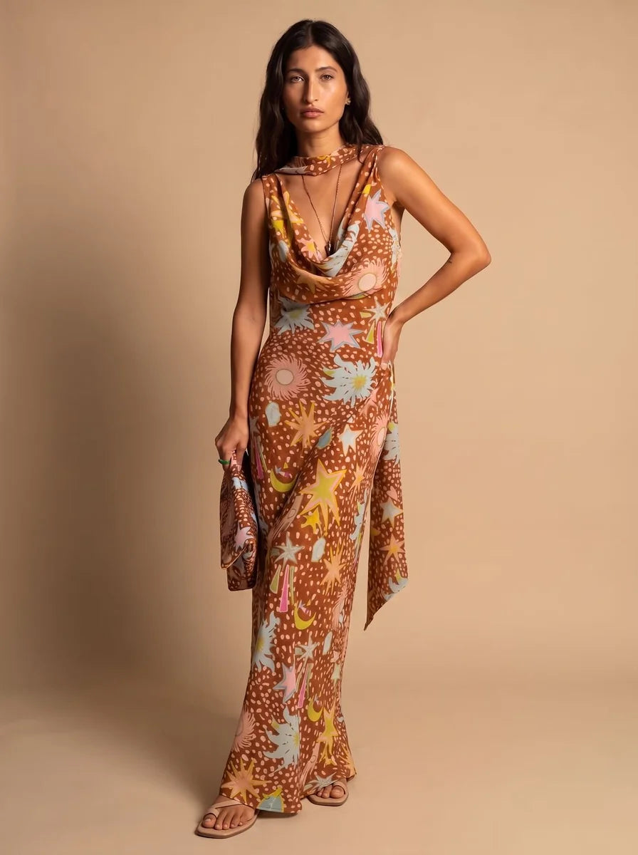 Cowl Neck Halter Maxi Dress Detachable Scarf Celestial Print