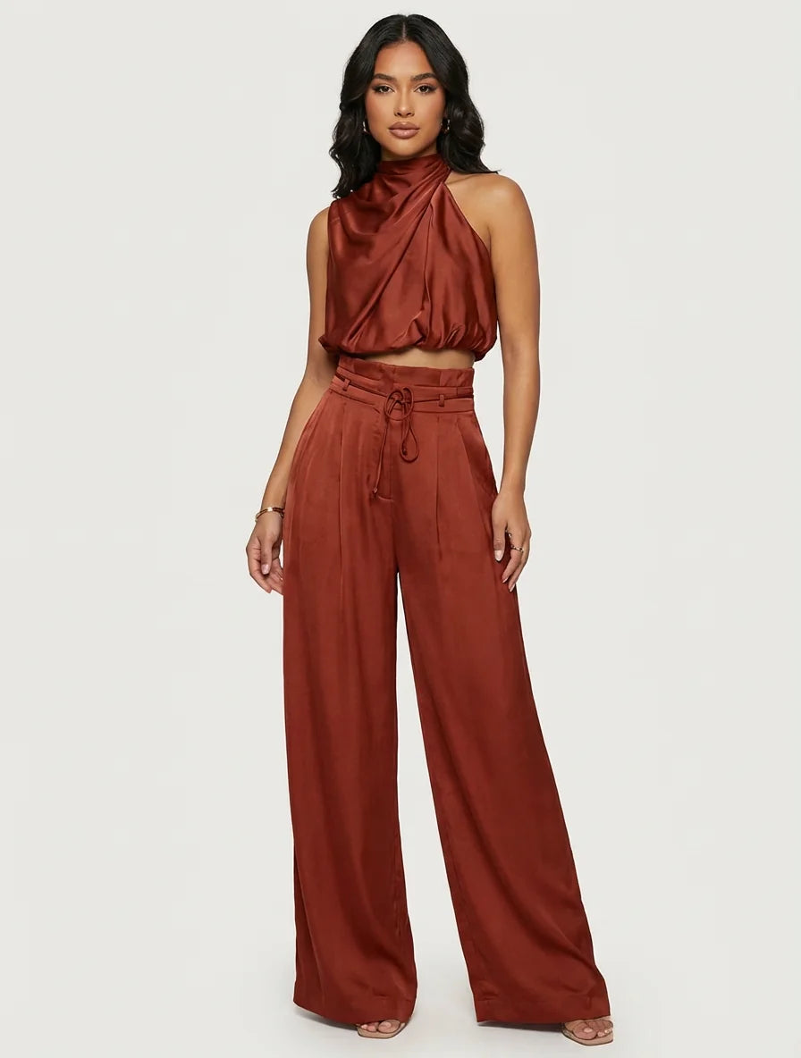 Aurora | Satin Pant Set Halter Top Wide Leg