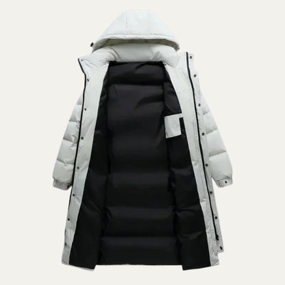 Men's Hooded Puffer Jacket – White Quilted Longline