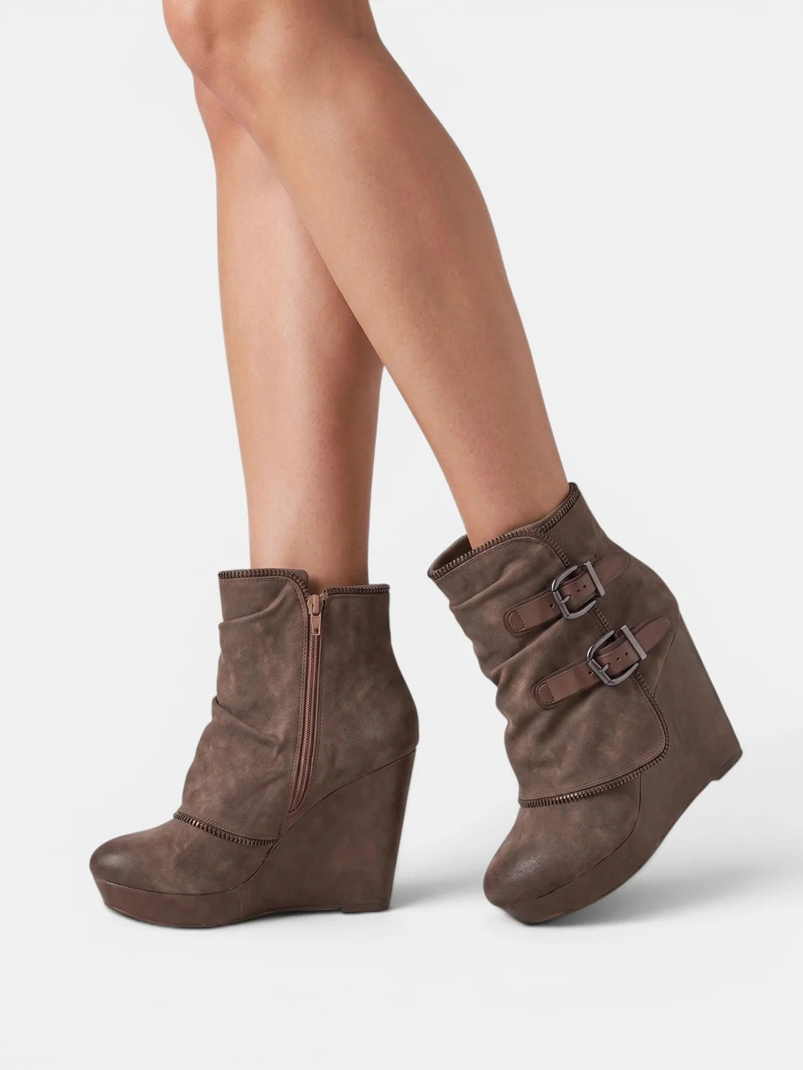 Wedge Ankle Boots Side Zip Double Buckle