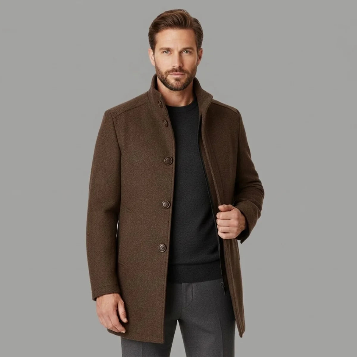 Men's Wool Coat – Black Stand Collar Overcoat