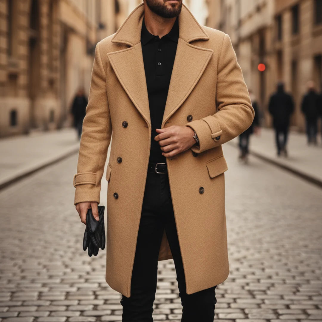 Men's Wool Coat – Blue Double-Breasted Longline