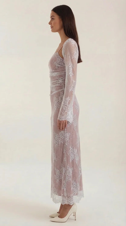 Lace Maxi Dress – Ivory White Long Sleeve Square Neck