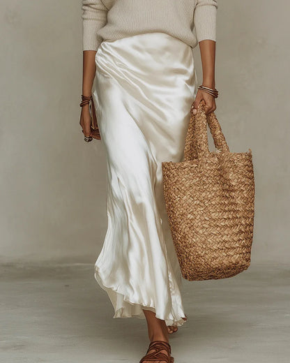 V-Neck Sweater and Satin Skirt Set