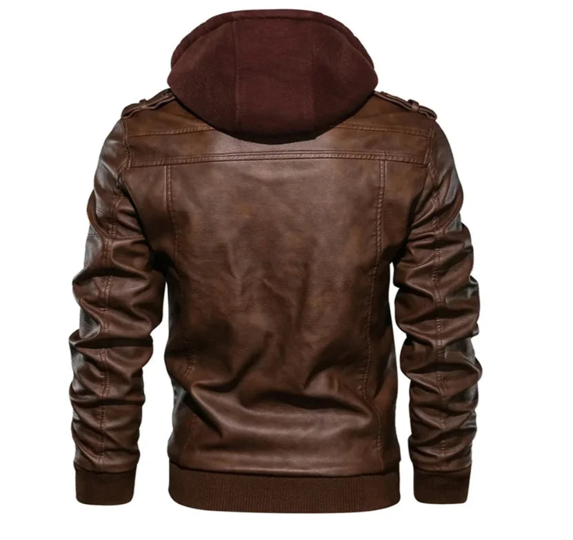 Men's Hooded Faux Leather Utility Jacket