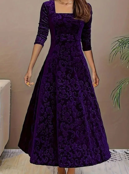 Velvet Square-Neck Floral Embossed A-Line Party Dress