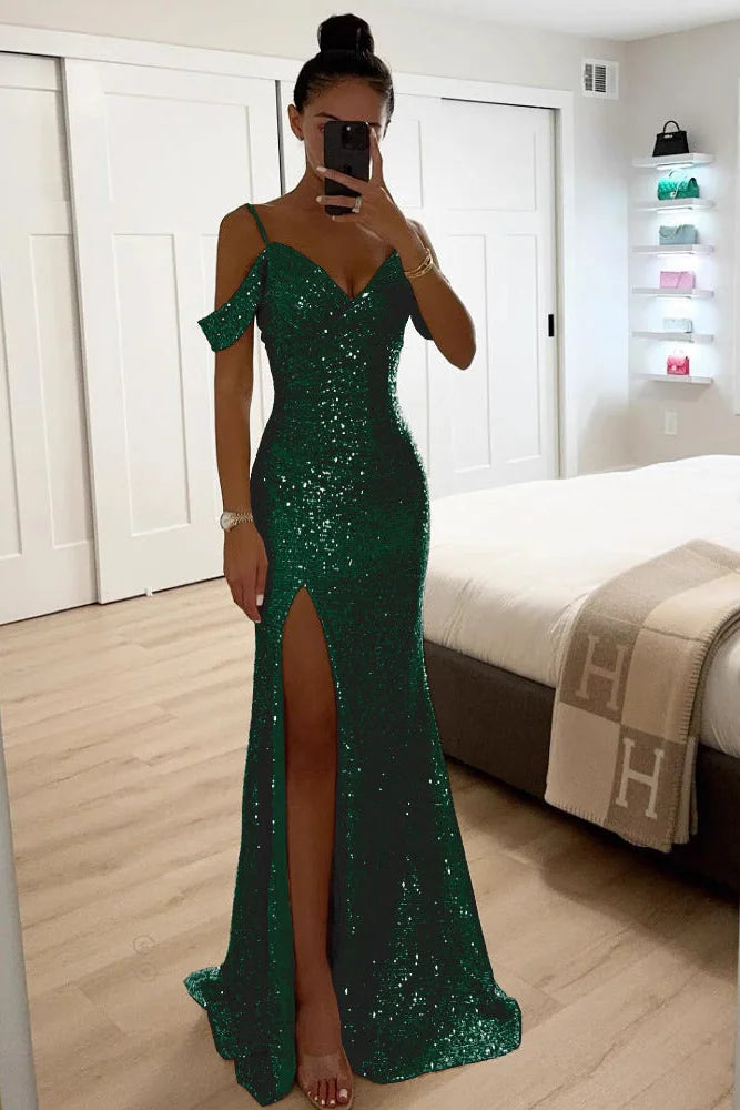 Holiday Party Dress – Gold Sequin Off-Shoulder Maxi