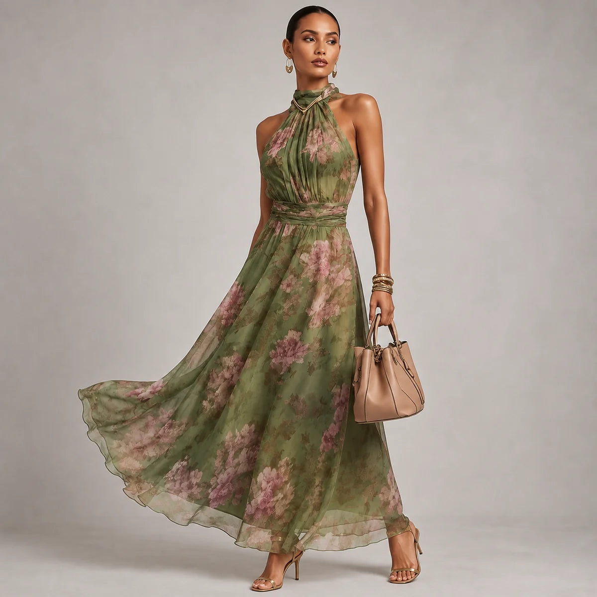 Floral Halter Chiffon Wedding-Guest Maxi Dress