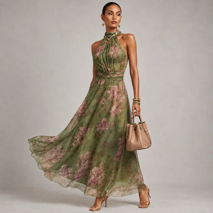 Floral Halter Chiffon Wedding-Guest Maxi Dress