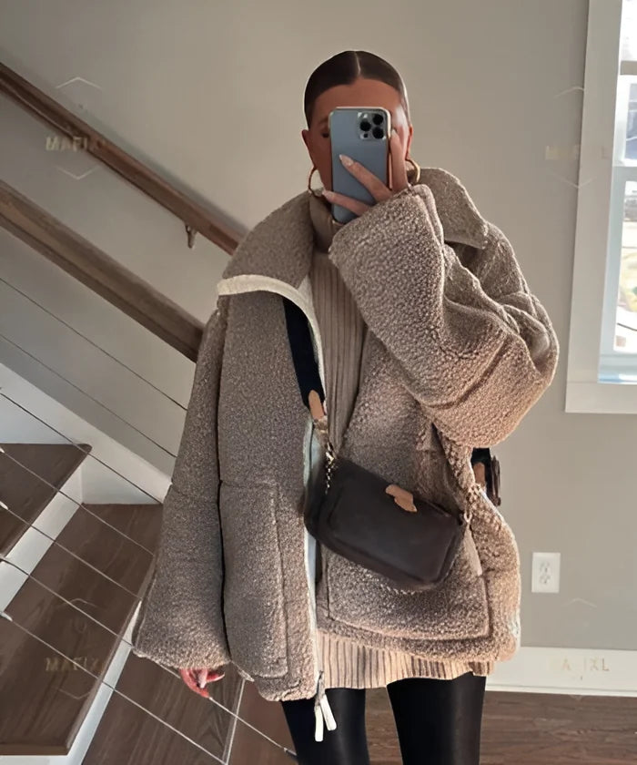 Women's Oversized Teddy Coat with Lapel Collar