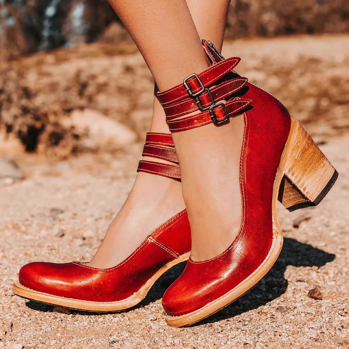 Ankle Boots Triple Buckle Strap Block Heel