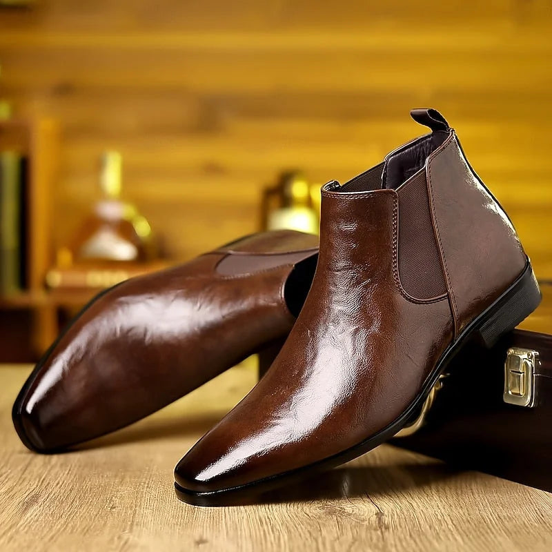 Men's Chelsea Boots – Brown Polished Leather-Look