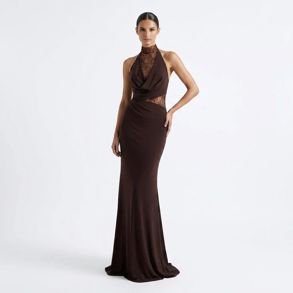 Lace Maxi Dress – Brown High Neck Halter