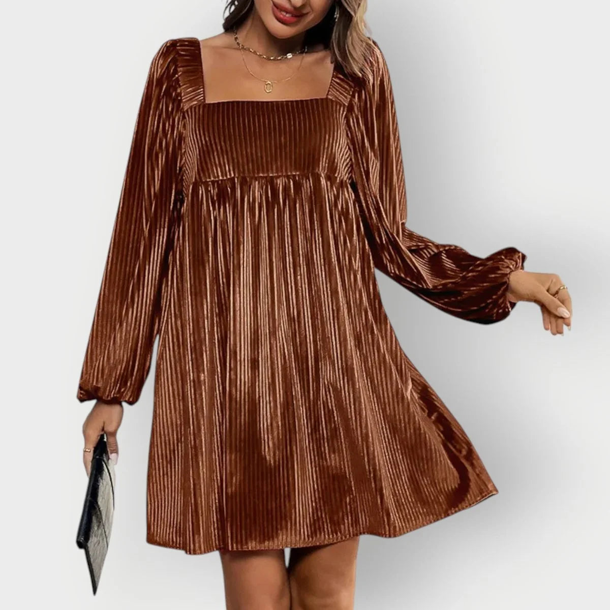 Velvet Dress – Wine Red Pleated Square Neck