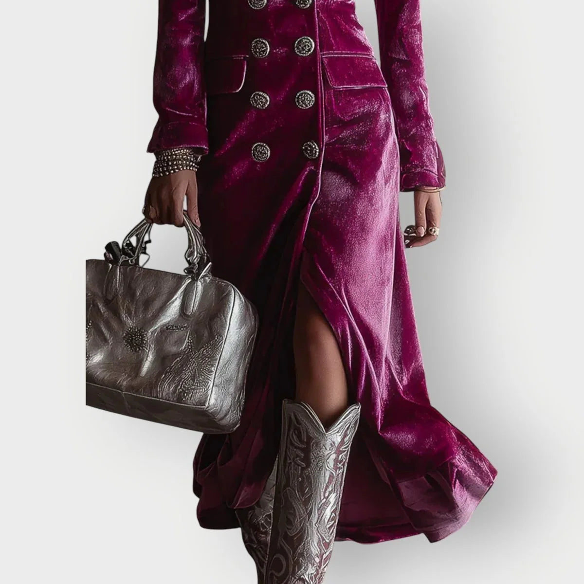Velvet Maxi Dress – Purple Double-Breasted Long Sleeve