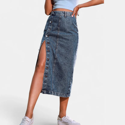Button-Front Denim Midi Skirt
