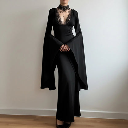 Lace Maxi Dress – Black Flared Sleeve V-Neck