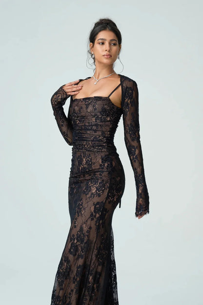 Lace Maxi Dress – Black Long Sleeve Square Neck