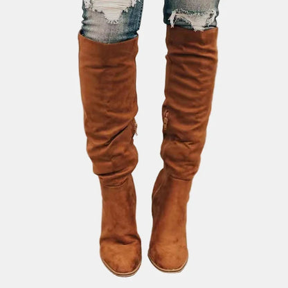 Ruched Block Heel Knee-High Boots