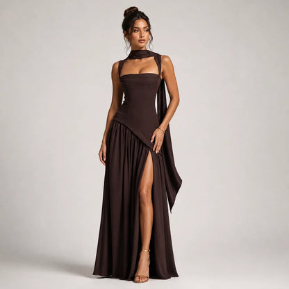 Draped Satin Wedding-Guest Maxi Dress