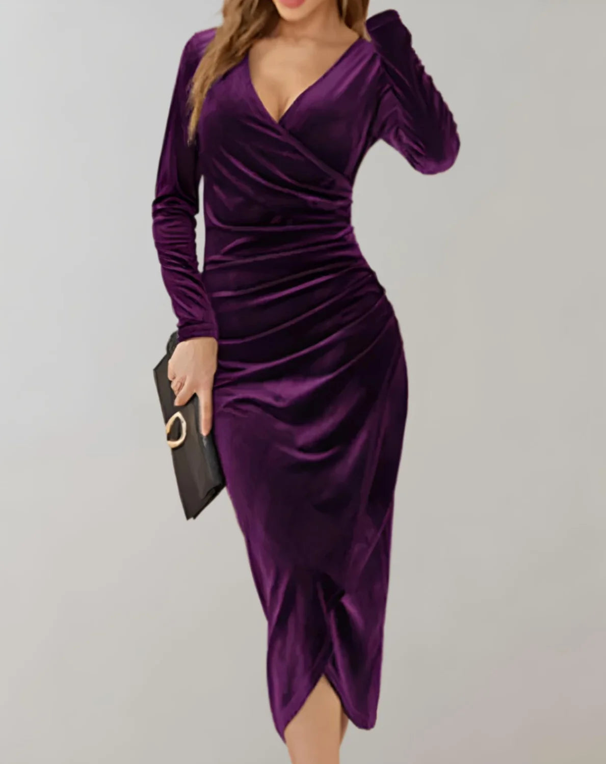 Velvet Wrap Dress Long Sleeve Ruffle